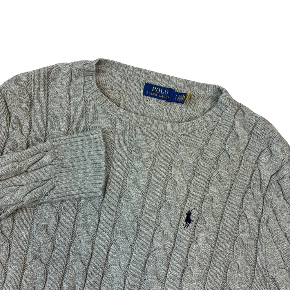 Polo Ralph Lauren Cable Knit Sweater Mens Large Gray Cotton Crew Neck Pony Logo